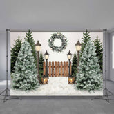 Aperturee - Wood Fence Snowy Tree Wreath Light Winter Backdrop